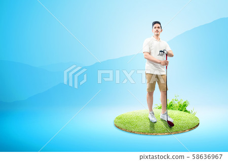Asian man standing with a wood golf club 58636967