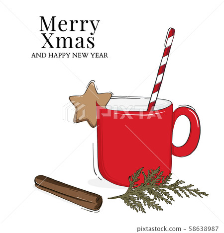 Christmas cup, hot chocolate or coffee drink with stiped tube, cookie and cynnamon illustration Christmas cup, hot chocolate or coffee drink with stiped tube, cookie and cynnamon illustration 58638987