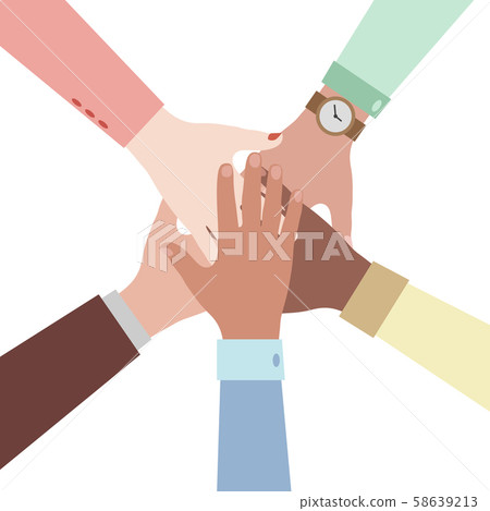Hands of diverse group of people putting together. Concept of cooperation, unity, togetherness 58639213