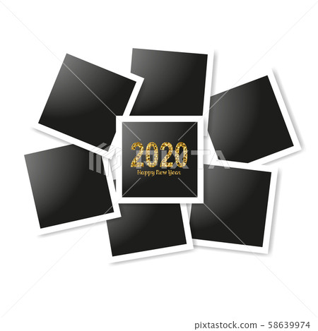Happy New Year gold number 2020 and frames photo collage on white background. Bright golden design Happy New Year gold number 2020 and frames photo collage on white background. Bright golden design 58639974