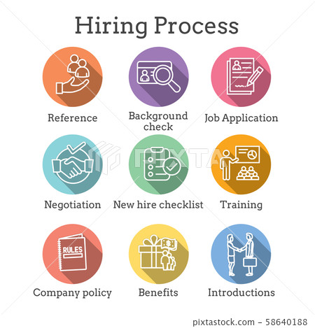 Hiring Process icon set with Benefits, background Hiring Process icon set with Benefits, background 58640188