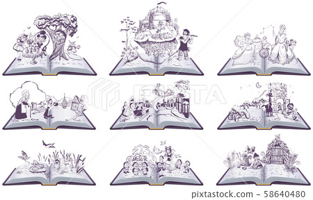Set of open books fairy tales illustration. 58640480