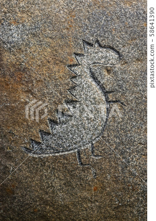 Image of dinosaur carve in stone, stylization of rock paintings petroglyphs 58641390