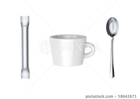 Coffee cup, sachet with sugar and spoon 58642671