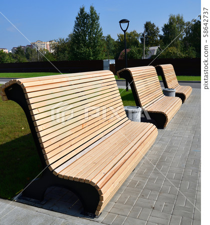 Beautiful wooden benches in a city park in Moscow, Russia 58642737