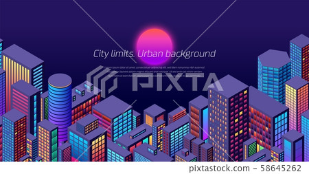 Background with city view with the sun and isometric perspective with vibrant neon colors Background with city view with the sun and isometric perspective with vibrant neon colors 58645262