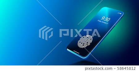 Fingerprint Scanner on Phone Screen. Biometric Identification and Approval Concept. Fingerprint Scanner on Phone Screen. Biometric Identification and Approval Concept. 58645812
