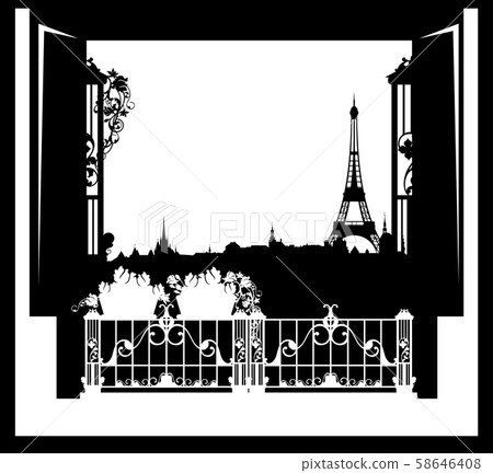 balcony window with flowers and Paris view with eiffel tower black vector silhouette balcony window with flowers and Paris view with eiffel tower black vector silhouette 58646408