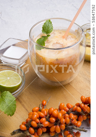 fresh vegetarian fruit smoothie on wooden tray 58647592