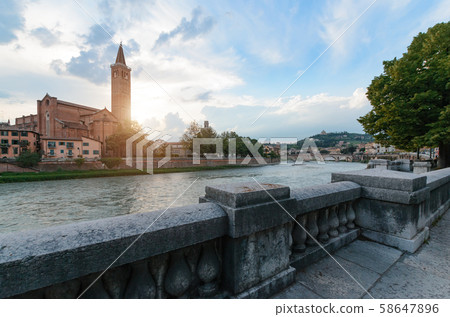 Panoramic view on the dige river in the evening in Verona Panoramic view on the dige river in the evening in Verona 58647896