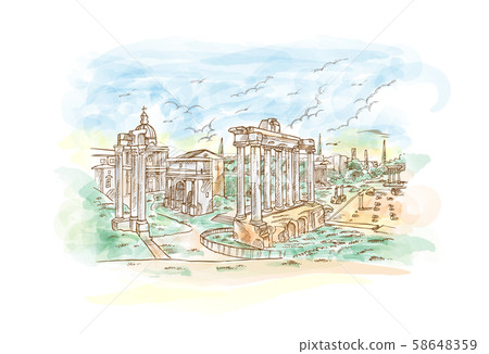 Watercolor Remains of temples in Foro Romano, 58648359