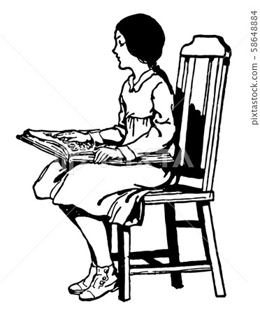 Blind Girl Reading Braille, sitting, vintage Blind Girl Reading Braille, sitting, vintage 58648884