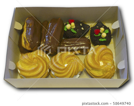 Box with cakes in order to quickly celebrate the holiday. Pack of confectionery with whipped cream and chocolate. Isolated object. 58649740