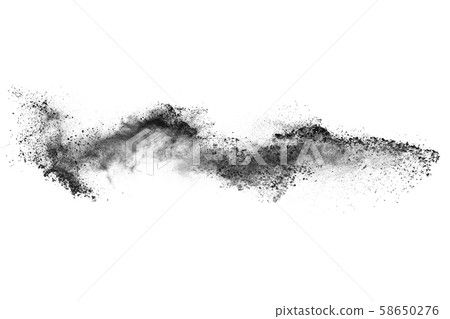 Closeup of black dust particles explode isolated on white background. Closeup of black dust particles explode isolated on white background. 58650276