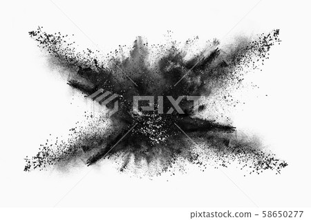 Closeup of black dust particles explode isolated on white background. Closeup of black dust particles explode isolated on white background. 58650277