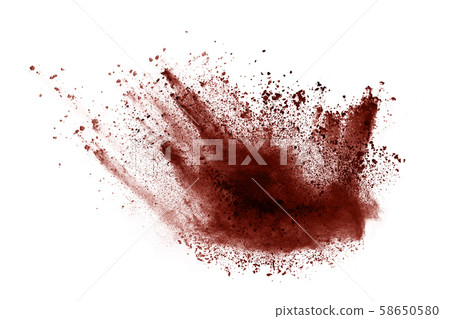 Brown color powder explosion on white background. Brown color powder explosion on white background. 58650580
