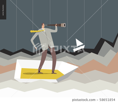 Businessman with a telescope in boat Businessman with a telescope in boat 58651854