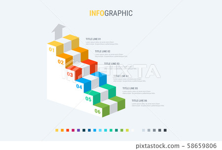 Infographic template. 6 stairs design with beautiful colors. Vector timeline elements Infographic template. 6 stairs design with beautiful colors. Vector timeline elements 58659806