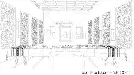 Table and food with last supper line background 58660761