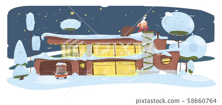 Santa Clause with Big Sack Sneaking by House Roof 58660764