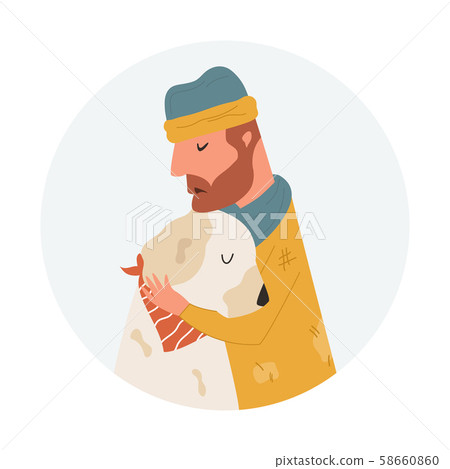 Homeless poor man in old clothing hugging his dog. Homeless poor man in old clothing hugging his dog. 58660860