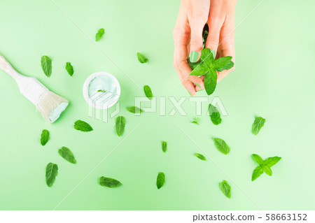 Hand with mint and paint brush on green Hand with mint and paint brush on green 58663152