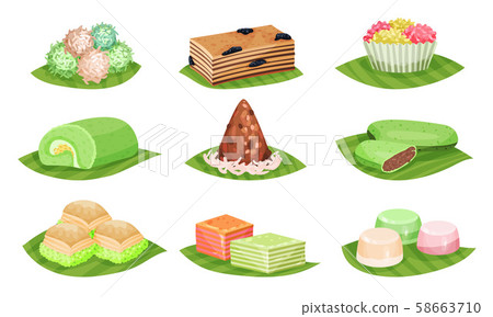 Oriental Sweets Vector Illustrated Set. Traditional Turkish Delights Oriental Sweets Vector Illustrated Set. Traditional Turkish Delights 58663710