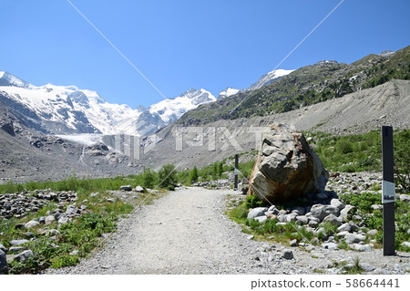 At the end of the glacier end post 1980 and beyond the 1985 post the Morteratsch glacier and the Bernina Alps At the end of the glacier end post 1980 and beyond the 1985 post the Morteratsch glacier and the Bernina Alps 58664441