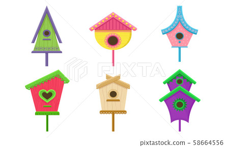 Colorful Birdhouses Vector Illustrated Set. Nesting Boxes For Birds 58664556