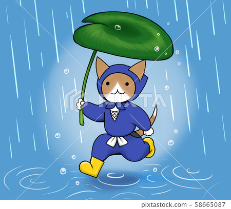 Ninja cat going out with yellow boots and leaf umbrella on a rainy day Ninja cat going out with yellow boots and leaf umbrella on a rainy day 58665087