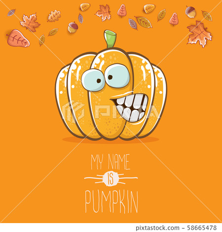 vector funny cartoon cute orange smiling pumkin isolated on orange background. My name is pumkin vector funny cartoon cute orange smiling pumkin isolated on orange background. My name is pumkin 58665478