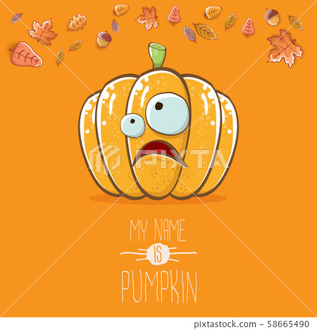 vector funny cartoon cute orange smiling pumkin isolated on orange background. My name is pumkin 58665490