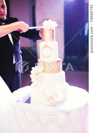 Bride and groom at wedding cutting the wedding cake 58666795