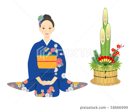 A woman wearing blue kimono and kadomatsu 58666999
