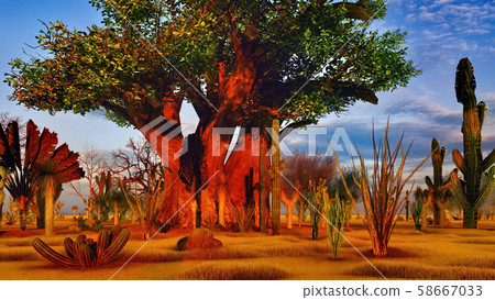 Awesome Baobabs In African Savannah 3d Rendering - Stock Illustration ...