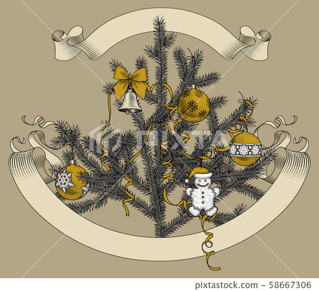 Christmas tree with ribbons and ornaments and retro ribbon banner. 58667306