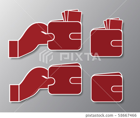 Set icons of red wallet with banknotes and hand Set icons of red wallet with banknotes and hand 58667466