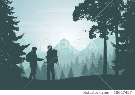 Two tourists walking through a mountain landscape Two tourists walking through a mountain landscape 58667497