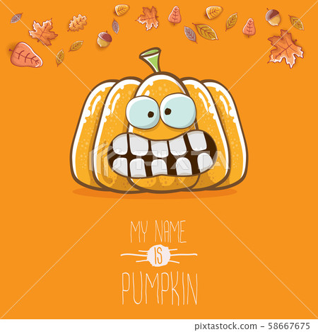 vector funny cartoon cute orange smiling pumkin isolated on orange background. My name is pumkin 58667675