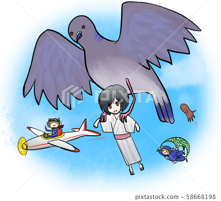 People and animals flying in the sky and looking at the ground (individual jet / blue sky background) 58668198