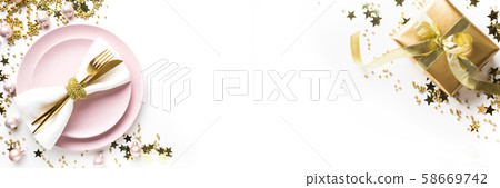Christmas banner. Table setting with golden decor 58669742