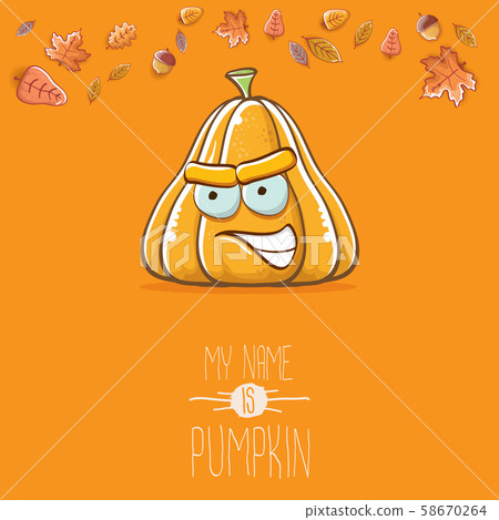 vector funny cartoon cute orange smiling pumkin isolated on orange background. My name is pumkin 58670264
