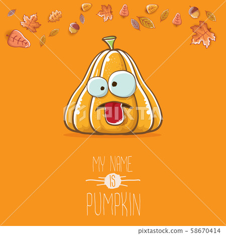 vector funny cartoon cute orange smiling pumkin isolated on orange background. My name is pumkin 58670414