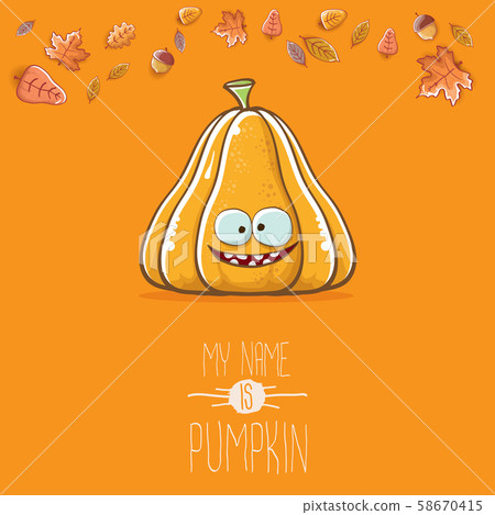 vector funny cartoon cute orange smiling pumkin isolated on orange background. My name is pumkin 58670415
