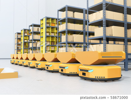 產品貨架前排成一列的AMR自動協作機器人分類圖像 58671000