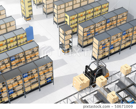 Concept image of AMR autonomous collaborative robot carrying product shelves 58671009