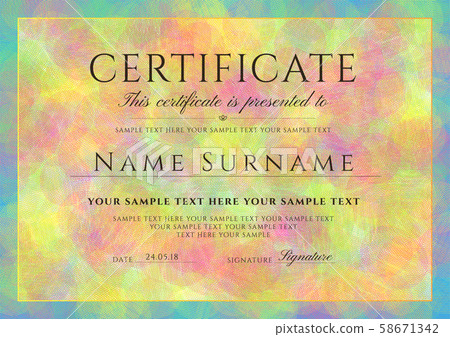 Certificate, Diploma template with colorful pattern background (guilloche circle lines). Vector Rainbow layout (different colors rounds) useful for finishing art class, school Certificate, Diploma template with colorful pattern background (guilloche circle lines). Vector Rainbow layout (different colors rounds) useful for finishing art class, school 58671342