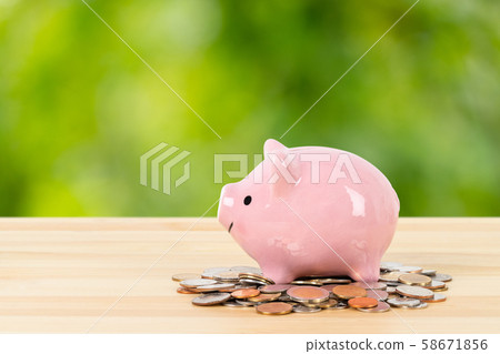 Pink piggy bank on coin pile on green tree Pink piggy bank on coin pile on green tree 58671856