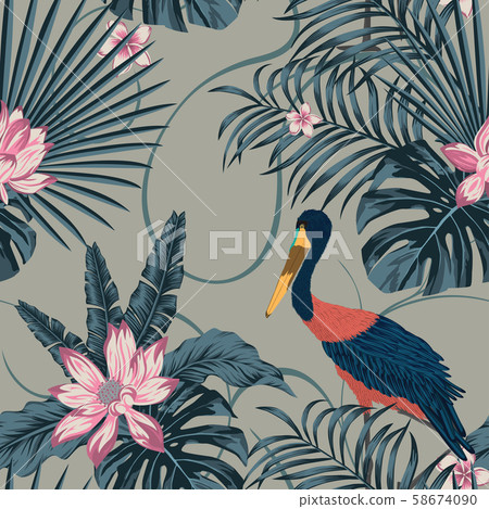 Jungle tropic abstract color stork bird seamless 58674090
