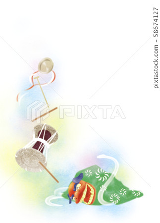 [新年賀卡插圖]舞獅，蛇，日本樂器 58674127